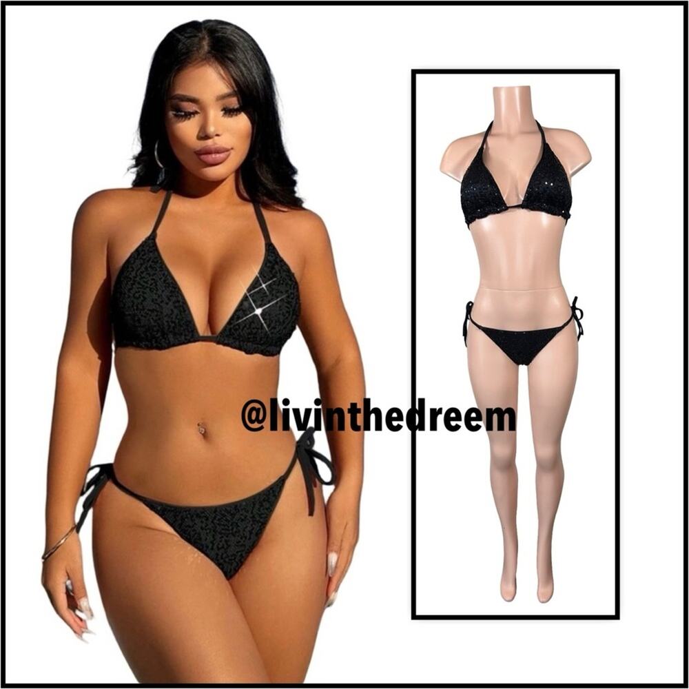 Boutique Beautiful Sequin Black Bikini XL/ L Set